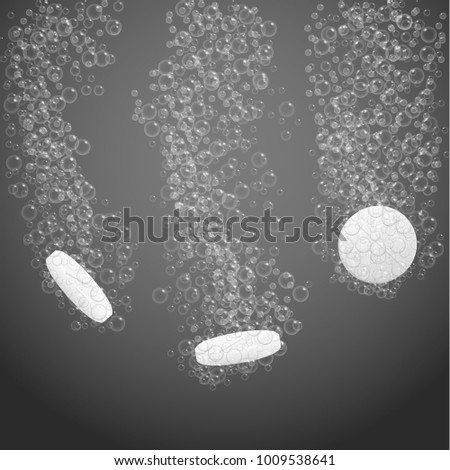 Three dissolving pills or tablets set in different positions.. Soluble drug with fizzy trace isolated on dark background, vector illustration. Vitamin in water 