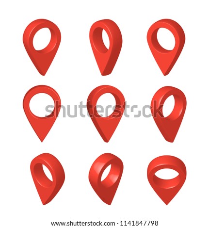Location red pointers set, isolated.  Map navigation 3d pins. Isometric pointer in right and left positions. Vector illustration