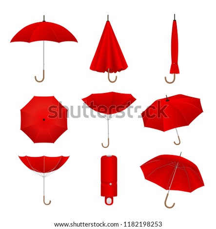 Red umbrellas set. Isolated on white background. Realistic umbrella or parasol in different positions, vector illustration. 