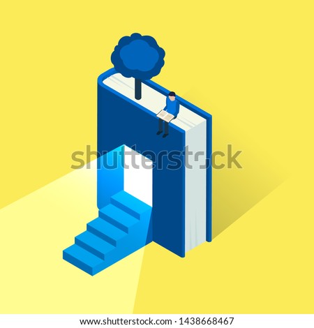 Reading lovers and education themed concept in isometric style, vector. Bookworm related background with house made of opened book