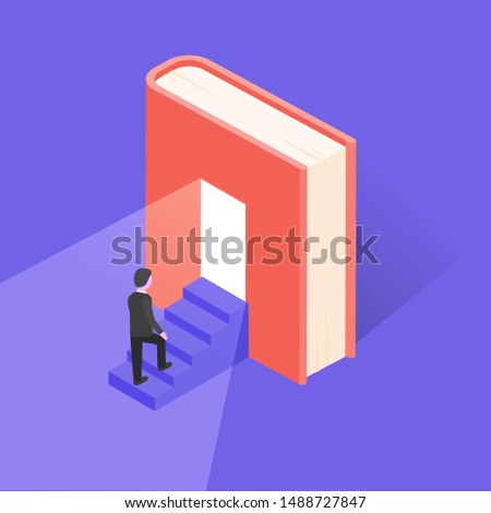 Reading lovers and education themed concept in isometric style, vector. Bookworm related background with house made of book. Training and courses