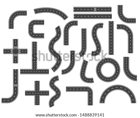 Different asphalt roads set, top view. City map design elements with crossroads