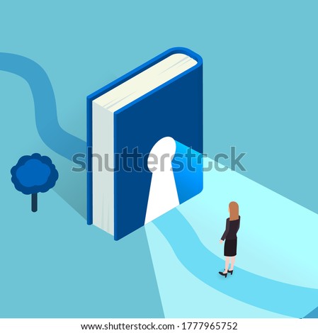 Reading lovers and education themed concept in isometric style, vector. Bookworm related background with house made of book, keyhole in it and road