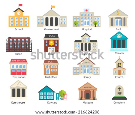 Color government buildings  icons set in flat design style, vector illustration. Includes school, hospital, police, fire station, day care, university etc.  