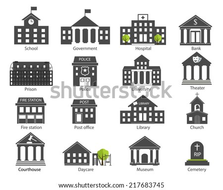 Black and white government buildings icons set in flat design style, vector illustration. Includes school, hospital building, police, fire station, courthouse, daycare, university etc.