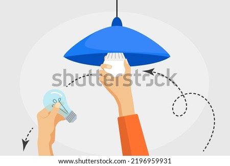 Human hand changing ordinary light bulb to power save LED lamp, vector illustration