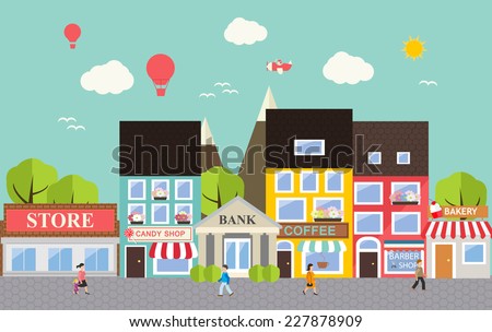 Small town urban landscape in flat design style, vector illustration. Includes small business, buildings,  trees, street with walking people, shops Сток-фото © 