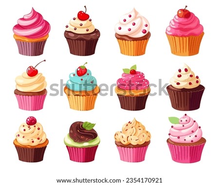 Different cartoon cupcakes set. Delicious muffins collection. Cupcake with chocolate, pink cream, cherry, strawberry 