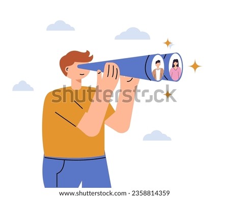 Recruitment and candidate searching HR concept. HR manager looks through binoculars to find a candidate for a position, fills job vacancy. People find way to advance career vector