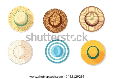 Summer hats set top view, vector illustration. Female headwear, straw hat. Summertime  accessory