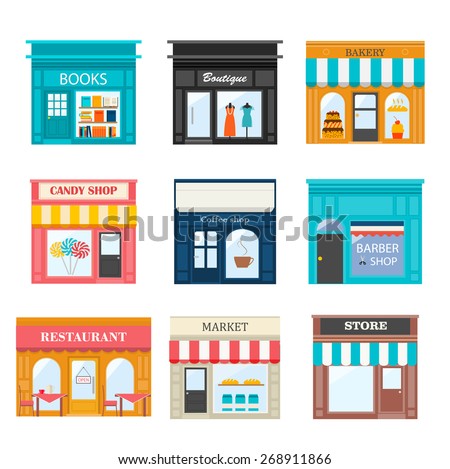 Different shops and stores icons set. Includes books, candy, barber, coffee shop, boutique, bakery, restaurant,  market