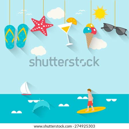 Summertime background with hanging summer icons, sea, surfer, boat, vector illustration. 