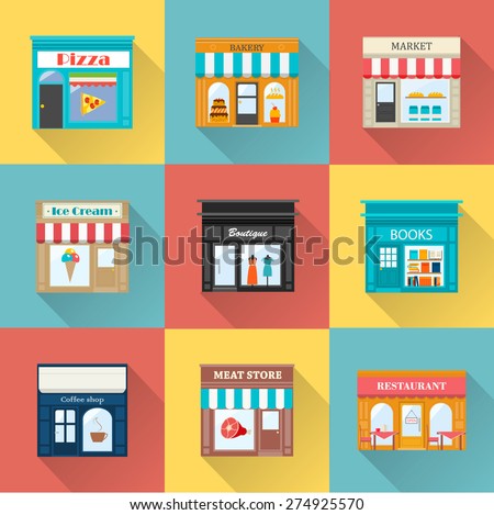 Different shops and stores icons set with long shadow. Includes ice-cream, coffee, meat, books store, pizzeria, boutique, bakery, restaurant, market