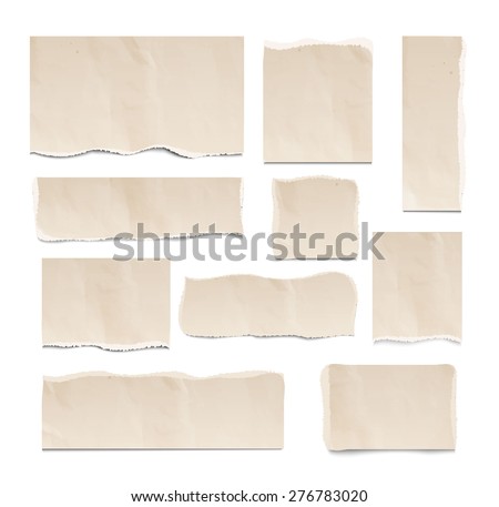 Old ripped pieces of paper set isolated on white background, vector illustration. Square, rectangular design elements, vector illustration