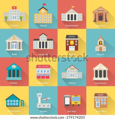 Government buildings icons set with long shadow. Includes church, school, police, museum, library, theater, airport, bank isolated, vector illustration