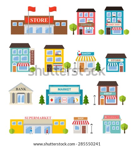 Stores and shops buildings icons set isolated on white background, vector illustration