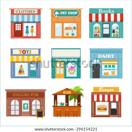 Stores and shops icons set with clothes store, pet shop, books store, toys shop, beauty salon,  dairy shop, English pub, beach bar, burger restaurant, vector illustration