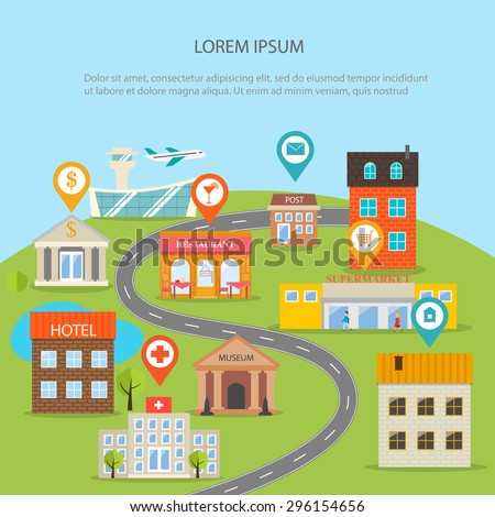 City map infographics with buildings set and pins. GPS navigation concept, vector illustration