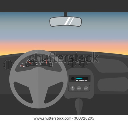 Driving car at dusk, car interior, vector illustration