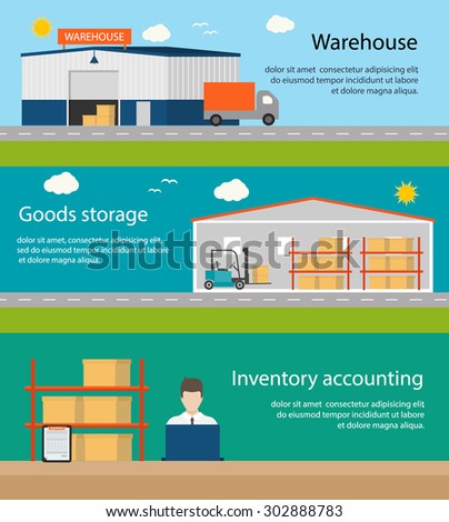 Warehouse building, goods storage, inventory accounting horizontal banners set, vector illustration.