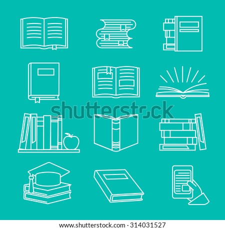 Vector book icons and signs in mono line style.  Outline books set, vector illustration