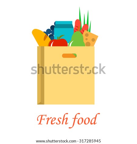 Food paper bag full of fresh healthy groceries,  fresh food delivery.