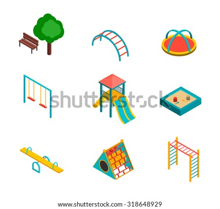 Isometric kids playground icons set. 3d children swings, slide, sandbox and other objects, vector illustration.