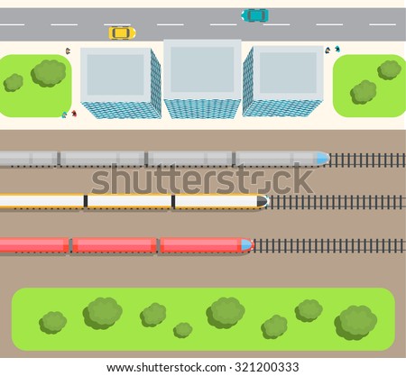 Railway station top view with trains set, buildings, road, cars, people, vector illustration