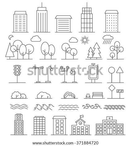 Urban landscape design elements set in linear style, include line buildings, trees, bushes, bench, tower building, water waves, sun, moon, school building,  clouds, traffic signs.  vector illustration