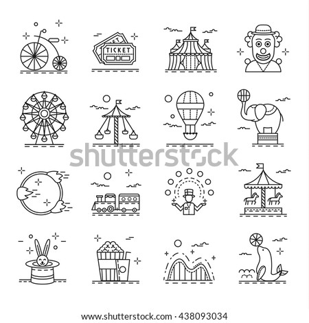 Circus icons set in linear style. Amusement park design elements collection, vector illustration. With clown, children train, carousel, juggler 