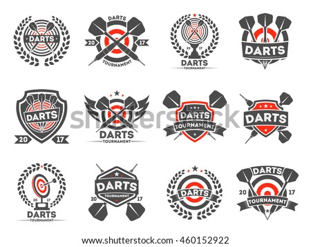 Darts tournament or club logo set, vector illustration. Design elements, business signs. Identity, labels, badges and other branding objects