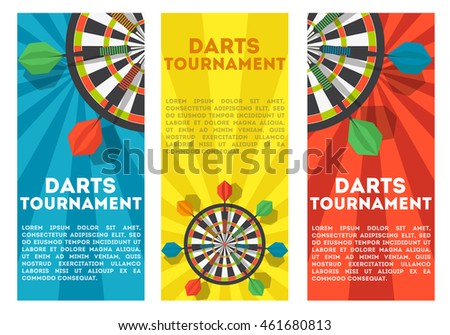 Set of three vertical banners with darts and  dartboard. Darts tournament vector illustration. Flat style