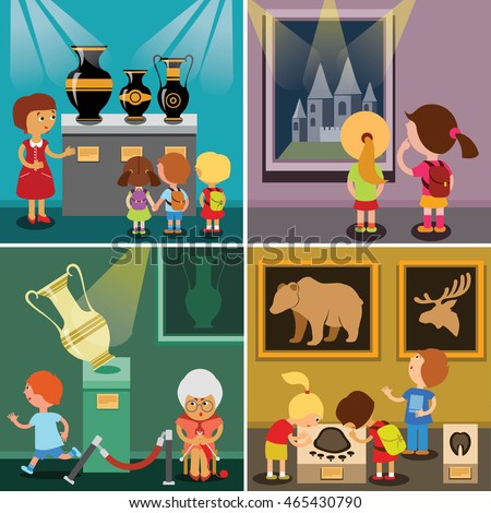Children visiting  antique museum, art gallery with guide. Kindergarten or preschool kids go to excursion. Exhibition flat style illustration