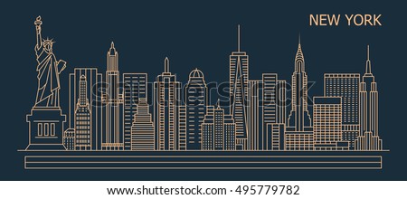 New York city linear style skyline with buildings, towers, vector illustration