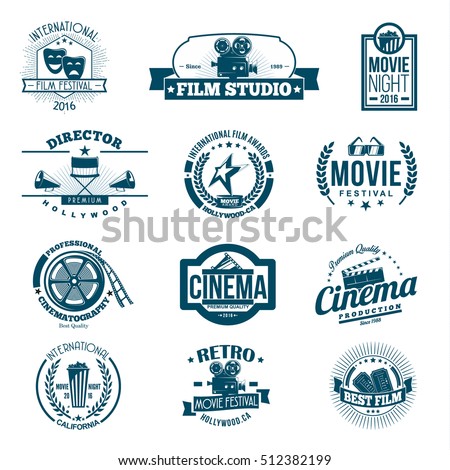 Black cinema retro signs, emblems and logo set, vector illustration