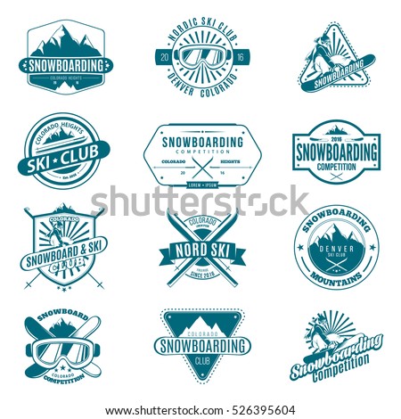 Ski and Snowboard monochrome Badges and labels. Collection of Ski club and snowboarding logos. Winter outdoor activity emblems and symbols in retro style. Vector