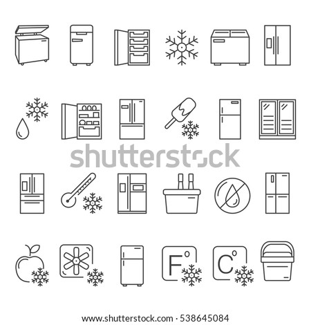 Outline Fridge Icons, Signs and Symbols Set. Kitchen Appliances,  Equipment, Freeze Refrigerator Line Vector Illustration. With Freezer, Portable Fridge, etc.