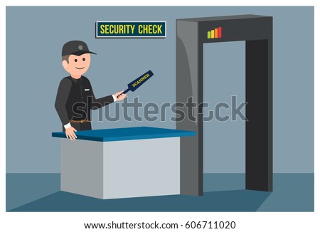 Security guard with detector on security post. Metal detector frame. Vector illustration