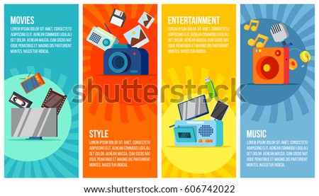 Multimedia vertical web banners set: photo, video, audio, music, movies and other, vector illustration