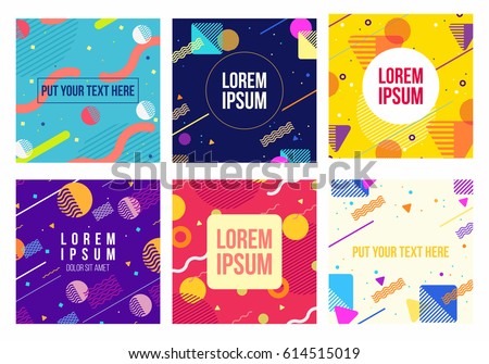 Memphis style 6 cards. Collection of templates with geometric shapes, patterns in trendy memphis fashion 80-90s. Perfect for ad, invitation, presentation and more. Isolated. Vector.
