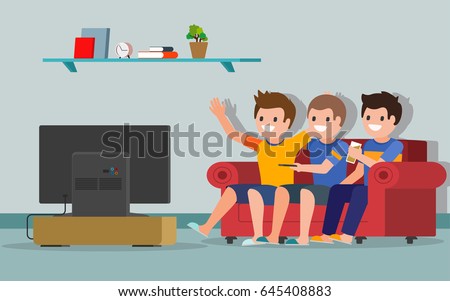 People watching TV. Soccer or football fans watching the game. Smiling boys sitting on a sofa in a living room in front of the television screen. Isolated. Vector