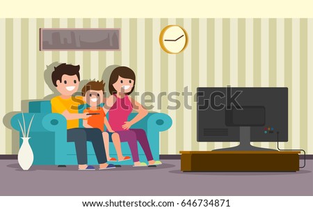 Happy family sitting on a sofa in a living room in front of the television screen and watching TV. Vector