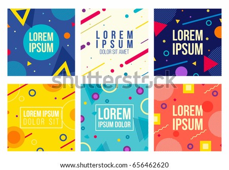 Memphis style 6 cards. Collection of templates with geometric shapes, patterns in trendy fashion 80-90s. Can be used for ad, invitation, presentation and more. Isolated. Vector.