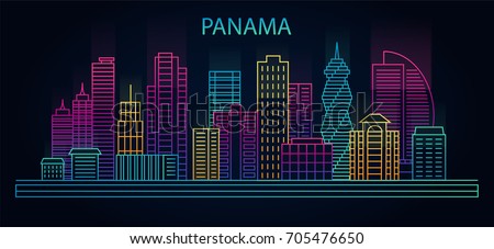 line panama city city night background cityscape in linear style in neon lights vector