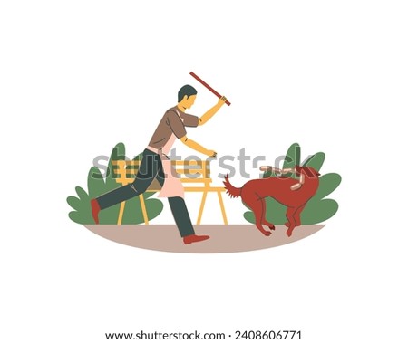 Man with a baseball bat hit a wild dog stealing sausages in the park. Flat vector illustration.