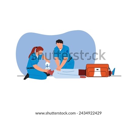 A couple of medical professional workers with supplies helping a patient with emergency condition. vector illustration design vector illustration design.