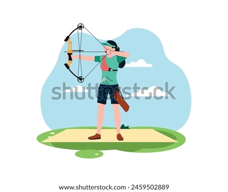 Young woman concentrate aiming arrow and using compound bow. Young female archer focus exercising archery to hit the target vector graphic illustration. Healthy refresh shooting with bow sport concept