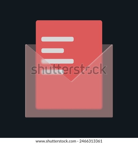 Document inside the envelope on a dark background. Glass morphism illustration or icon for business and office illustration night mode.