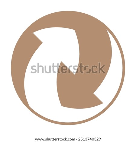 Circular icon with a brownish color featuring a stylized arrow curving counterclockwise, symbolizing rotation or movement. Commonly used on packaging to indicate recyclability or reusability