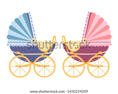 Baby arrival announcement card / Twin baby girl & boy shower card / baby card. Vector pram . Flat illustration. Boy or girl. 